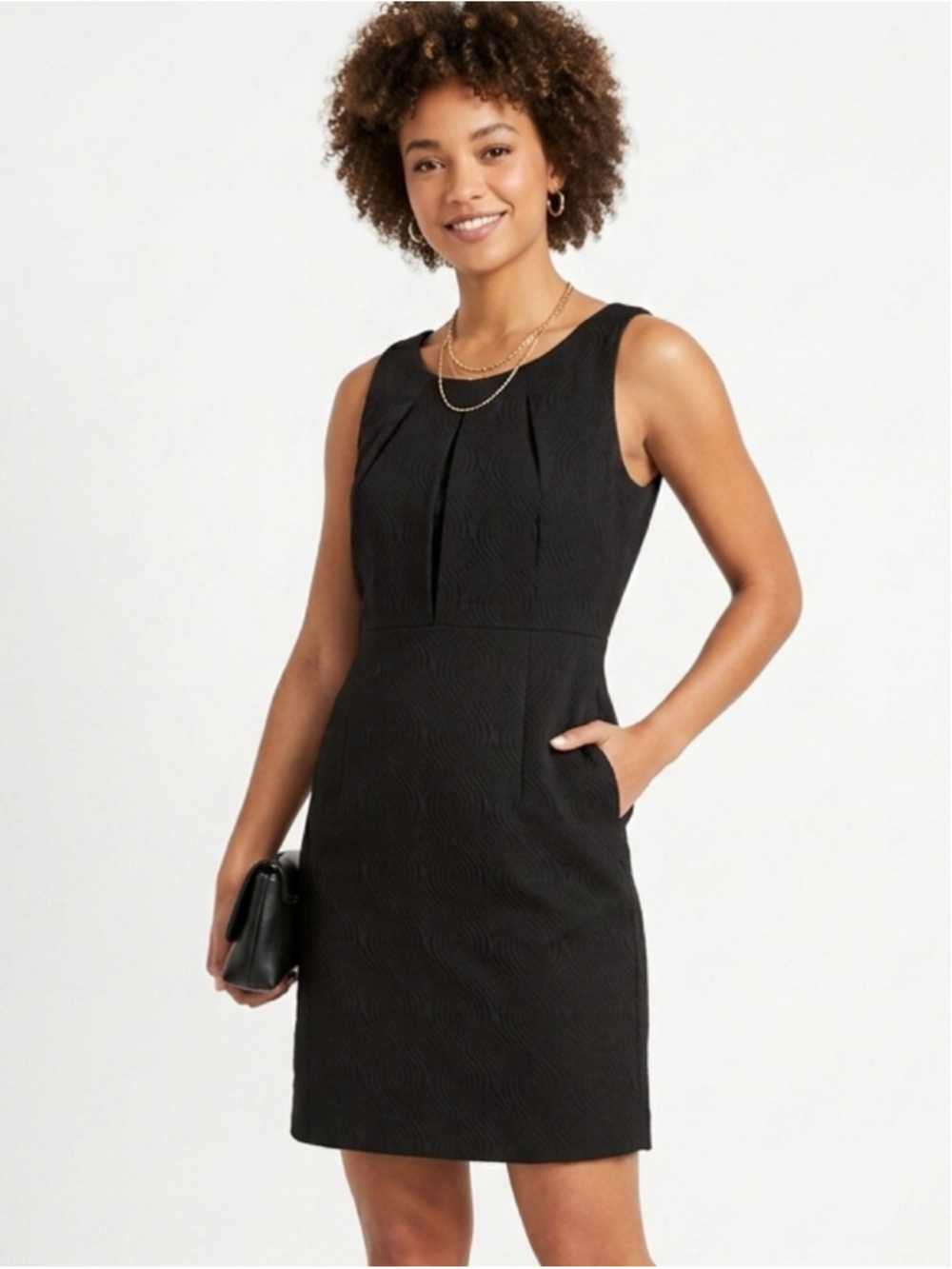 Jessica Howard Black Textured Sleeveless Sheath Dress Pleated Neck Cotton Sz 16